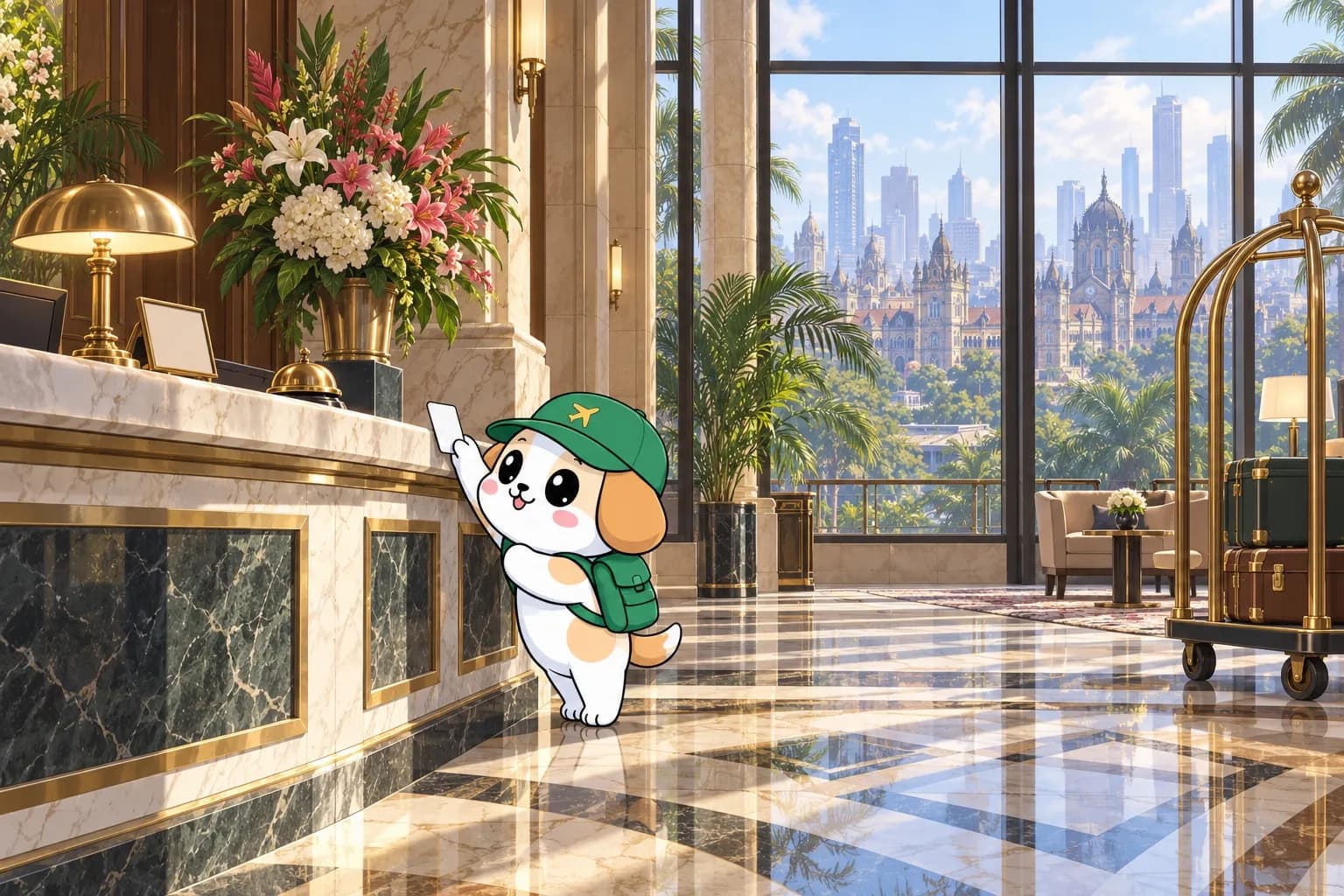 A hotel lobby in Mumbai with the city skyline behind the glass